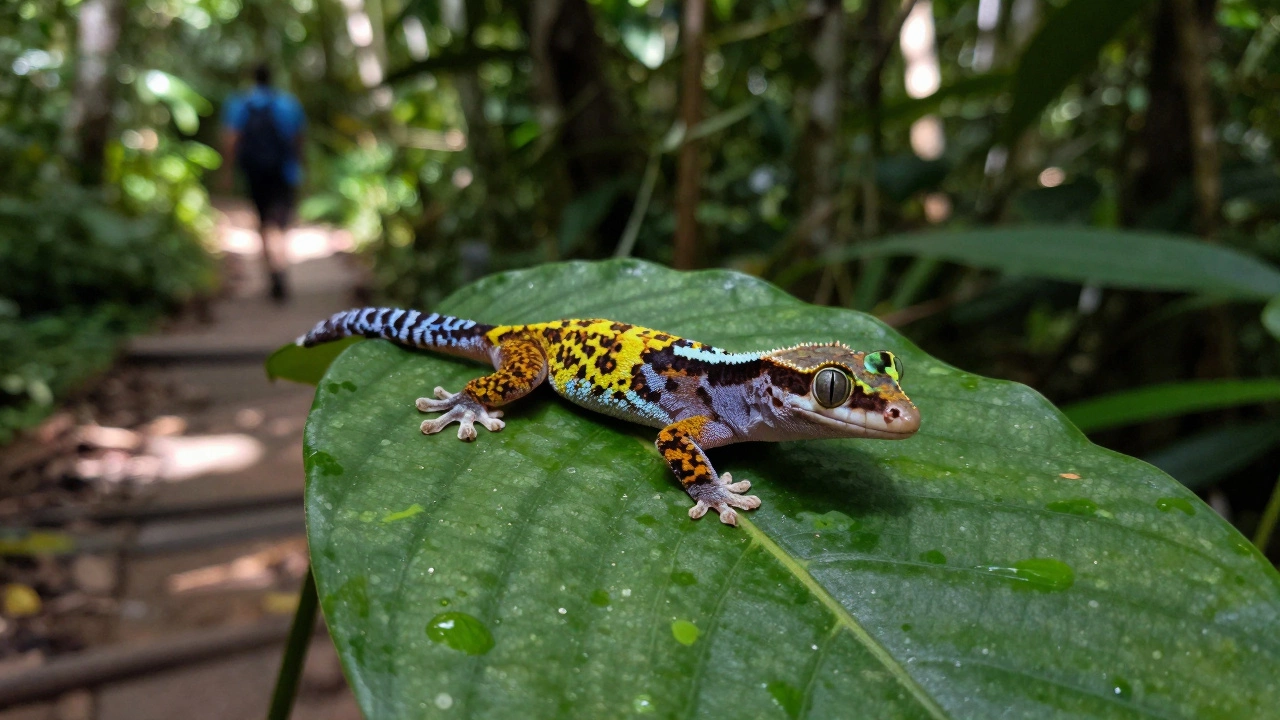 Крупный план цветного геккона на зеленом листе в тропическом лесу