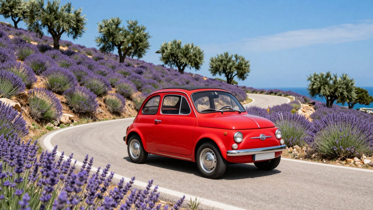 Маленький красный автомобиль едет по извилистой дороге мимо полей лаванды