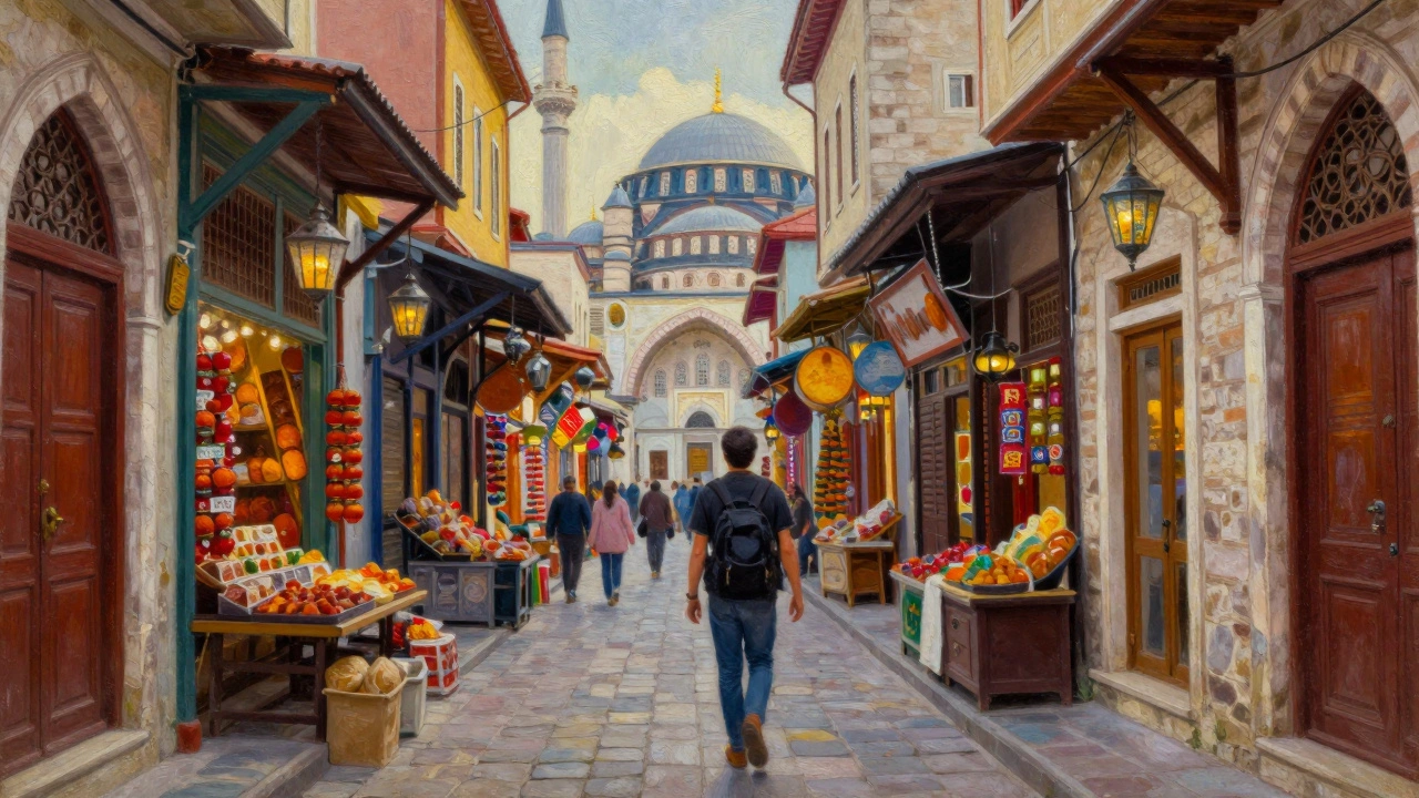 Путешественник на живописной исторической улочке Стамбула