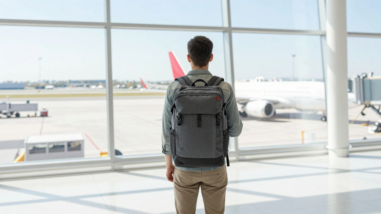 Путешественник с одним рюкзаком в современном светлом терминале аэропорта