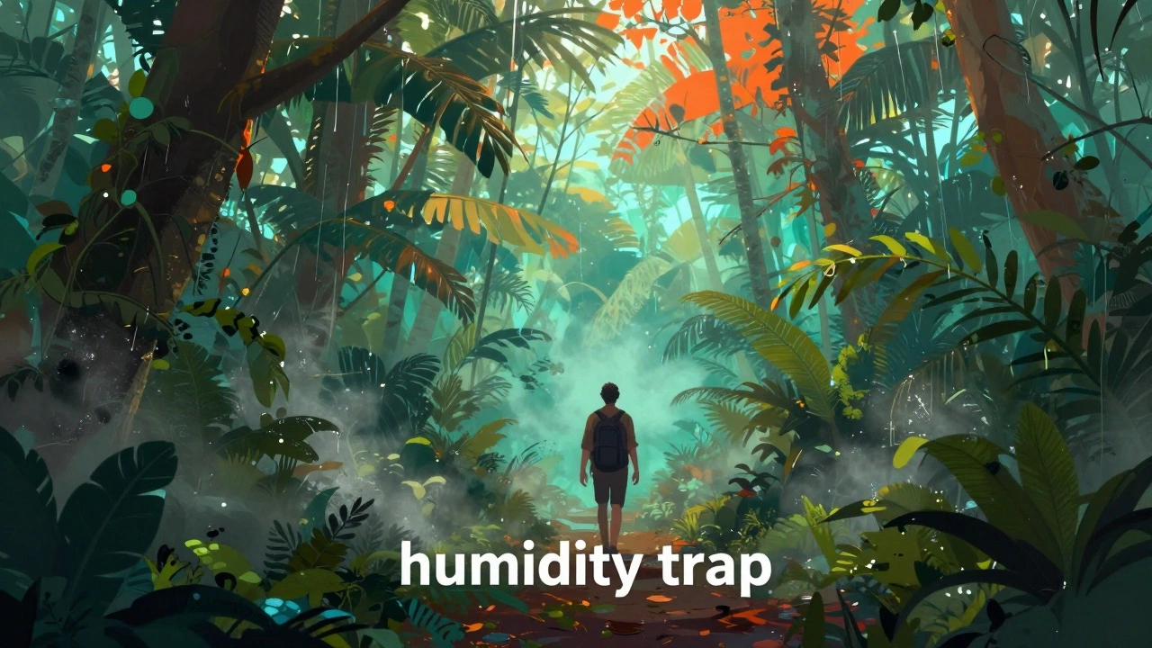 Путешественник в густых тропических лесах в условиях высокой влажности