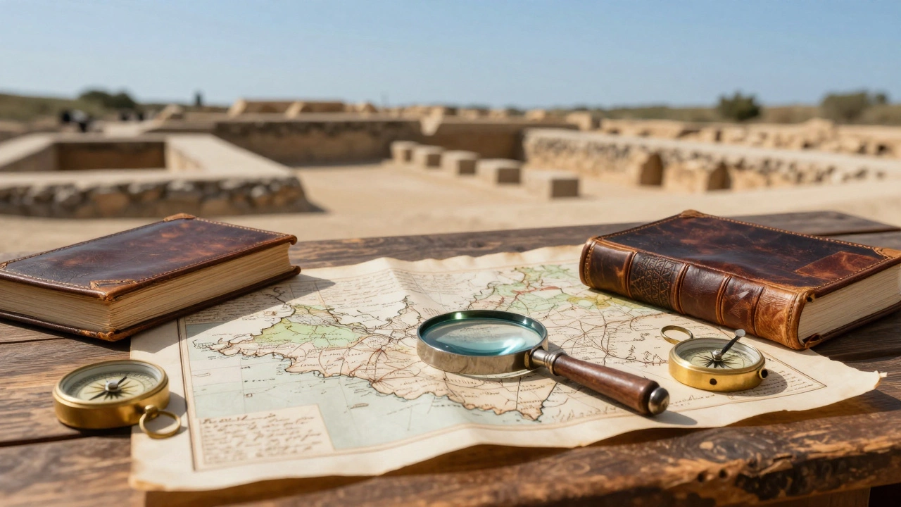 Старые карты, компас и дневники на столе на фоне археологических раскопок