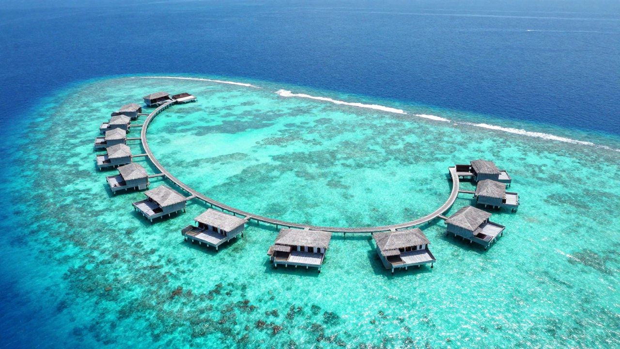 Вид сверху на белоснежные острова и бирюзовую воду Мальдив