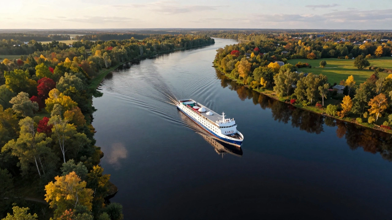 Вид сверху на круизный теплоход, плывущий по реке среди осенних лесов