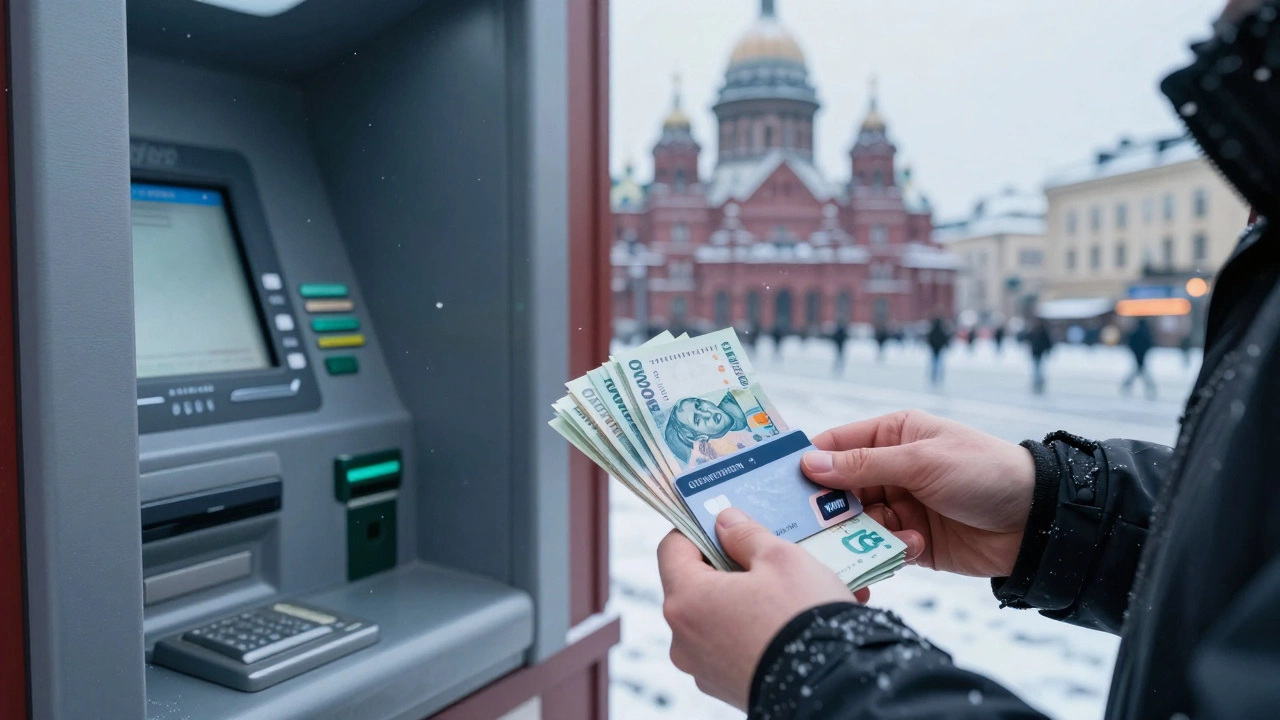 Путешественник с наличными рублями у банкомата зимой