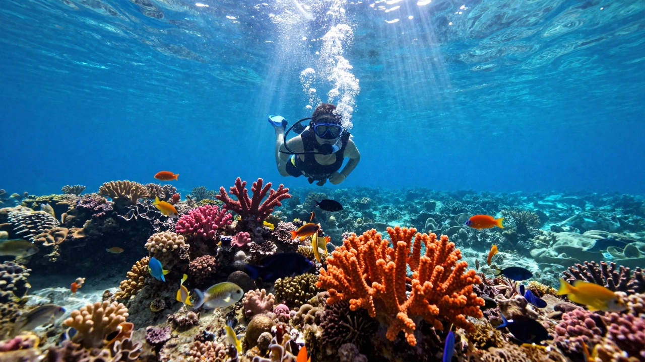 Ясно видный коралловый риф и дайвер в Красном море