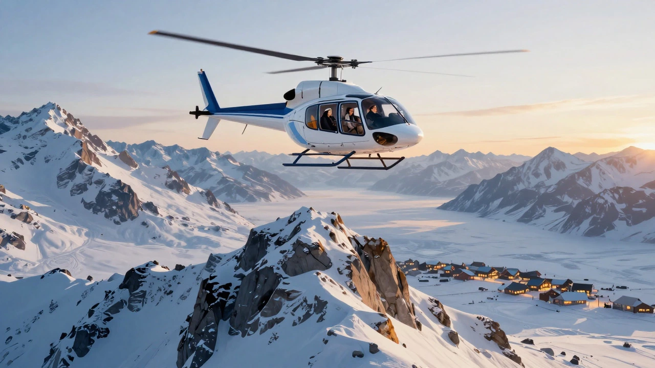 Helicopter flying over snowy mountain peaks in the Alps