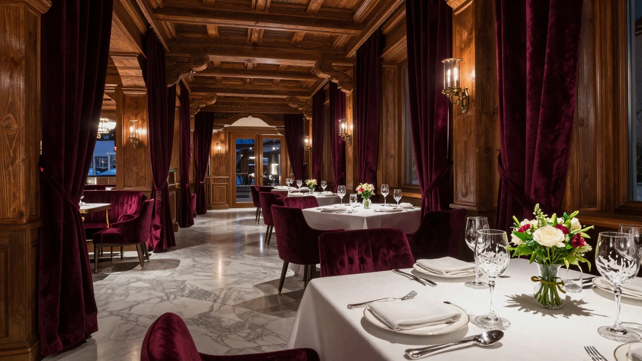 Opulent interior of a high-end alpine hotel dining area